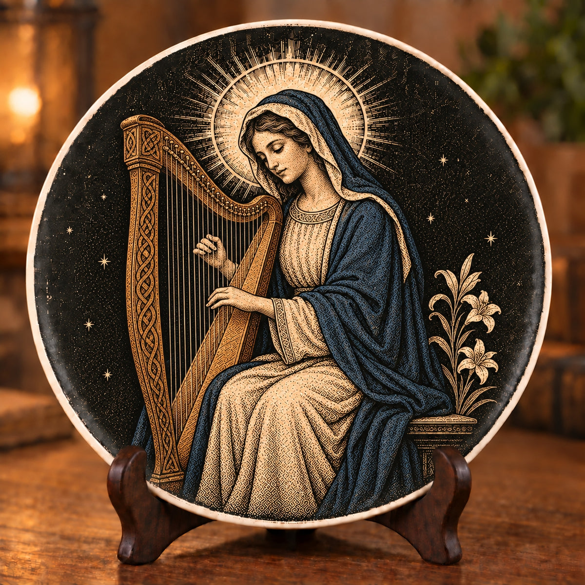 Virgin Mary Playing Harp Decorative Plate, Virgin Mary Harpist Ceramic Plate – Catholic Religious Gift