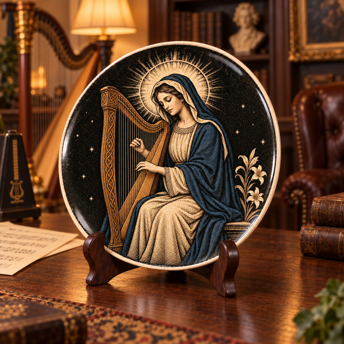 Virgin Mary Playing Harp Decorative Plate, Virgin Mary Harpist Ceramic Plate – Catholic Religious Gift