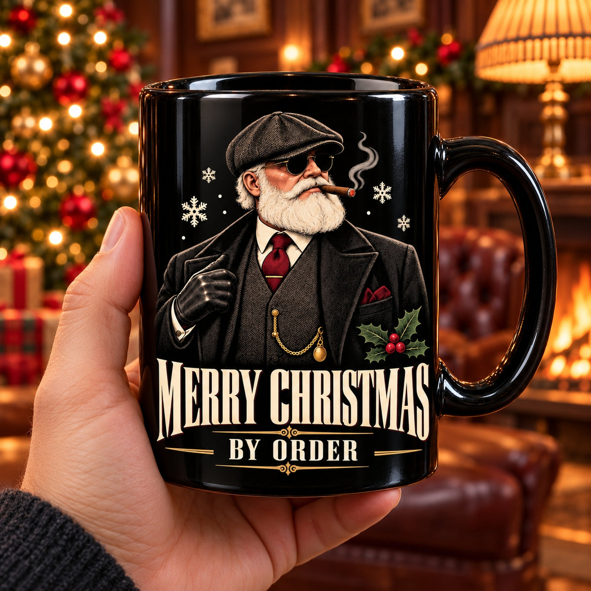 Vintage Gangster Christmas Mug, Funny By Order Holiday Coffee Cup, Old School British Style Gift for Dad & Him