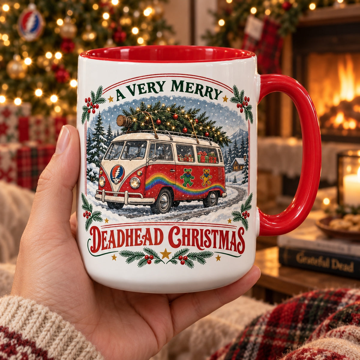 Grateful Dead Christmas Mug, Deadhead Holiday Coffee Cup, Dancing Bears Christmas Gift, Retro Hippie Music Mug