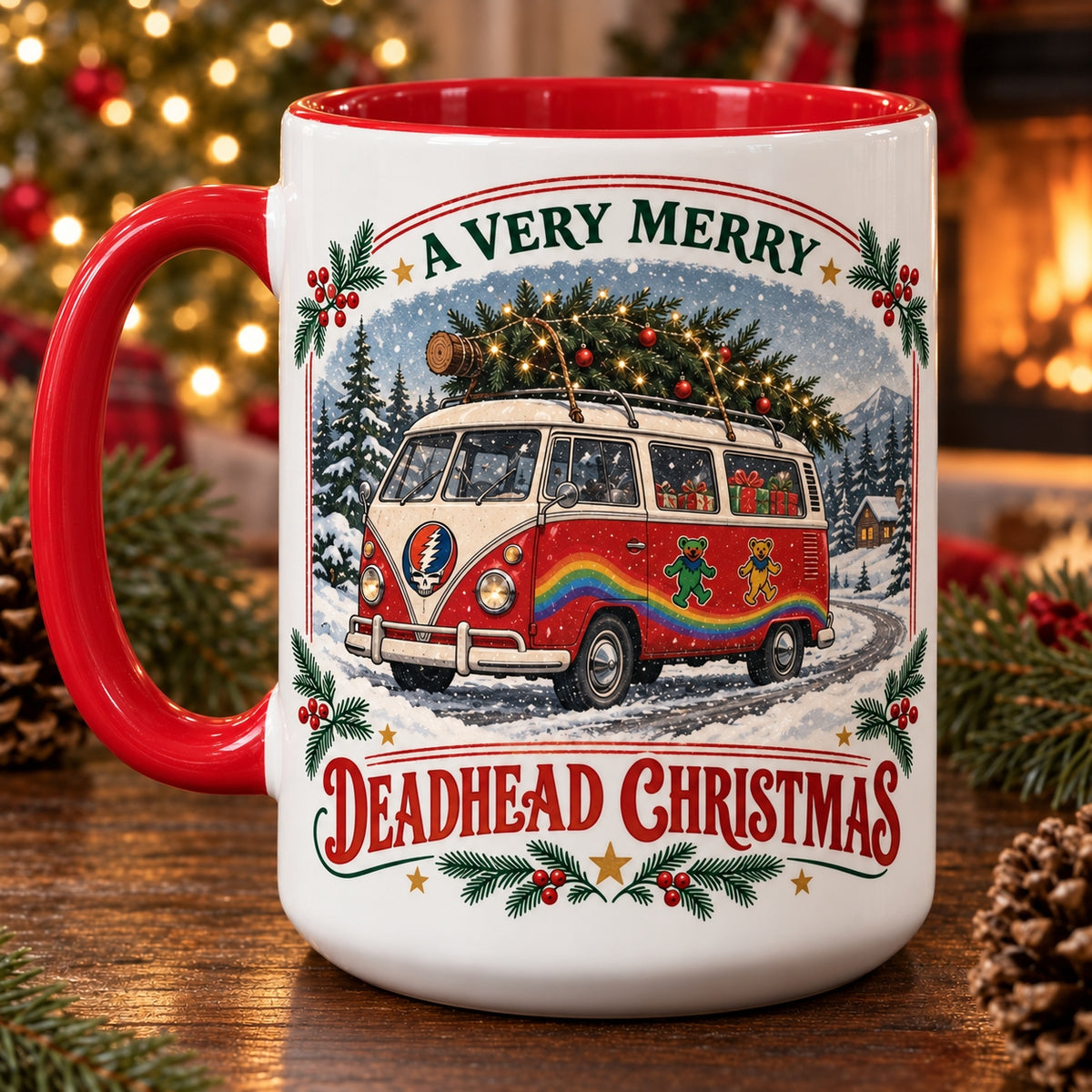 Grateful Dead Christmas Mug, Deadhead Holiday Coffee Cup, Dancing Bears Christmas Gift, Retro Hippie Music Mug