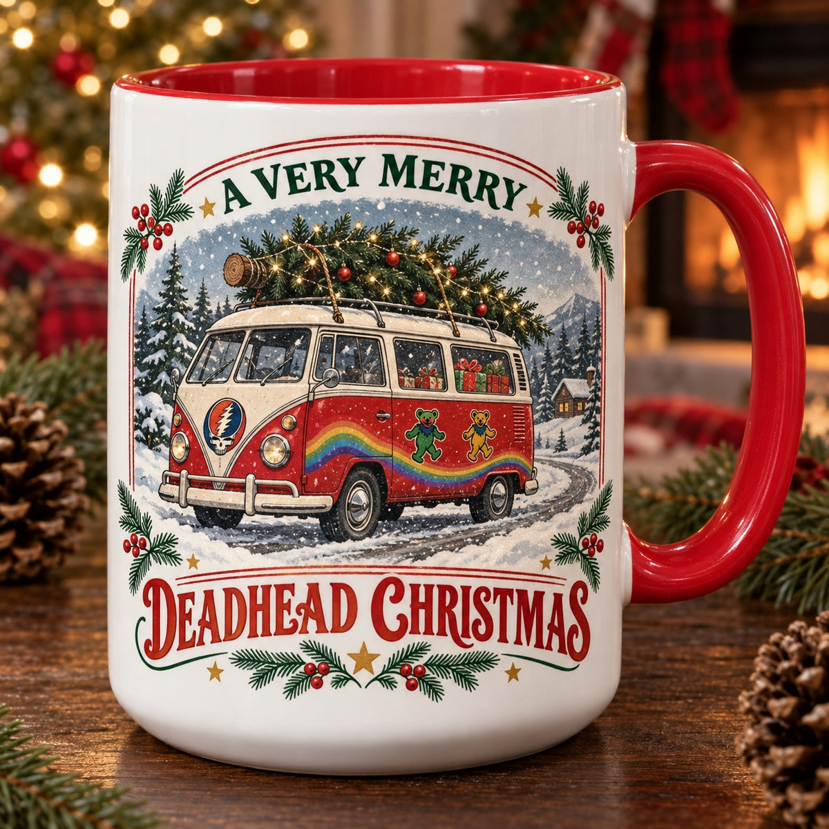 Grateful Dead Christmas Mug, Deadhead Holiday Coffee Cup, Dancing Bears Christmas Gift, Retro Hippie Music Mug