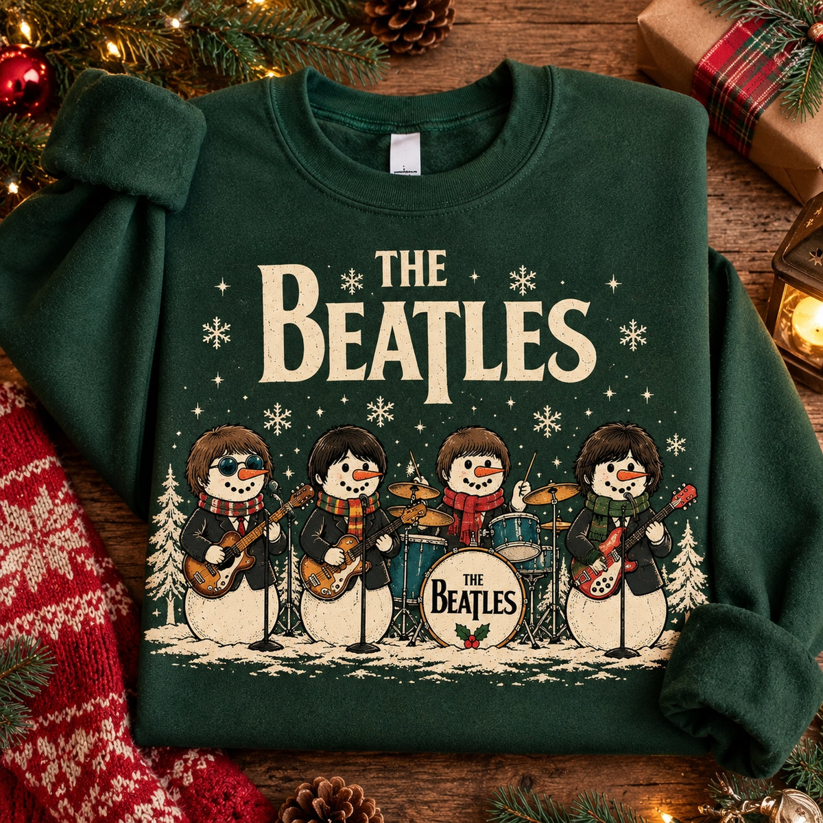 The Beatles Snowman Christmas Sweatshirt, Retro Rock Band Ugly Holiday Sweater