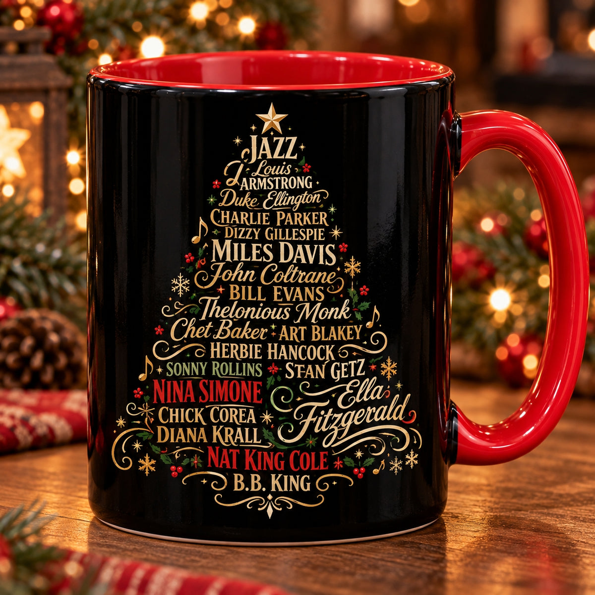 Jazz Legends Christmas Tree Coffee Mug – Miles Davis Louis Armstrong Ella Fitzgerald Ceramic Cup