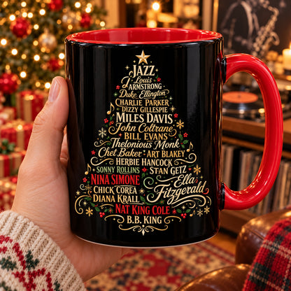 Jazz Legends Christmas Tree Coffee Mug – Miles Davis Louis Armstrong Ella Fitzgerald Ceramic Cup