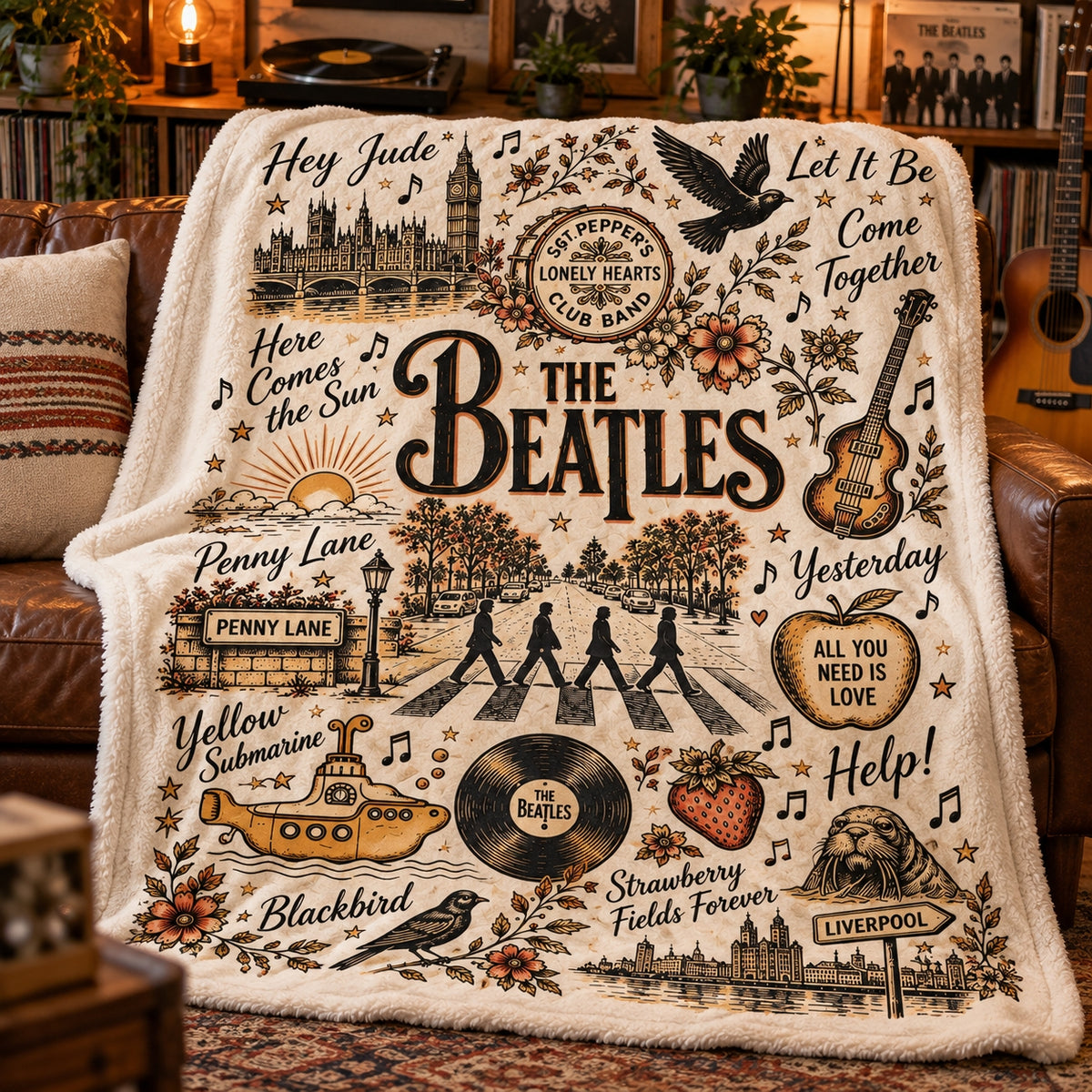The Beatles Abbey Road Vintage Sherpa Blanket - Classic Rock Songs Throw Blanket