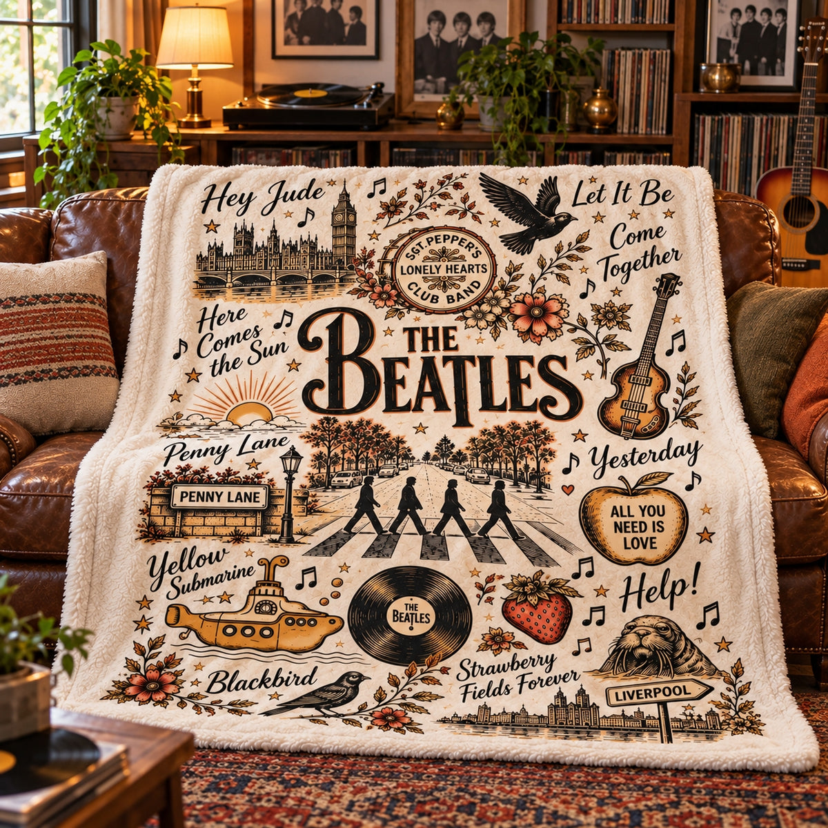 The Beatles Abbey Road Vintage Sherpa Blanket - Classic Rock Songs Throw Blanket