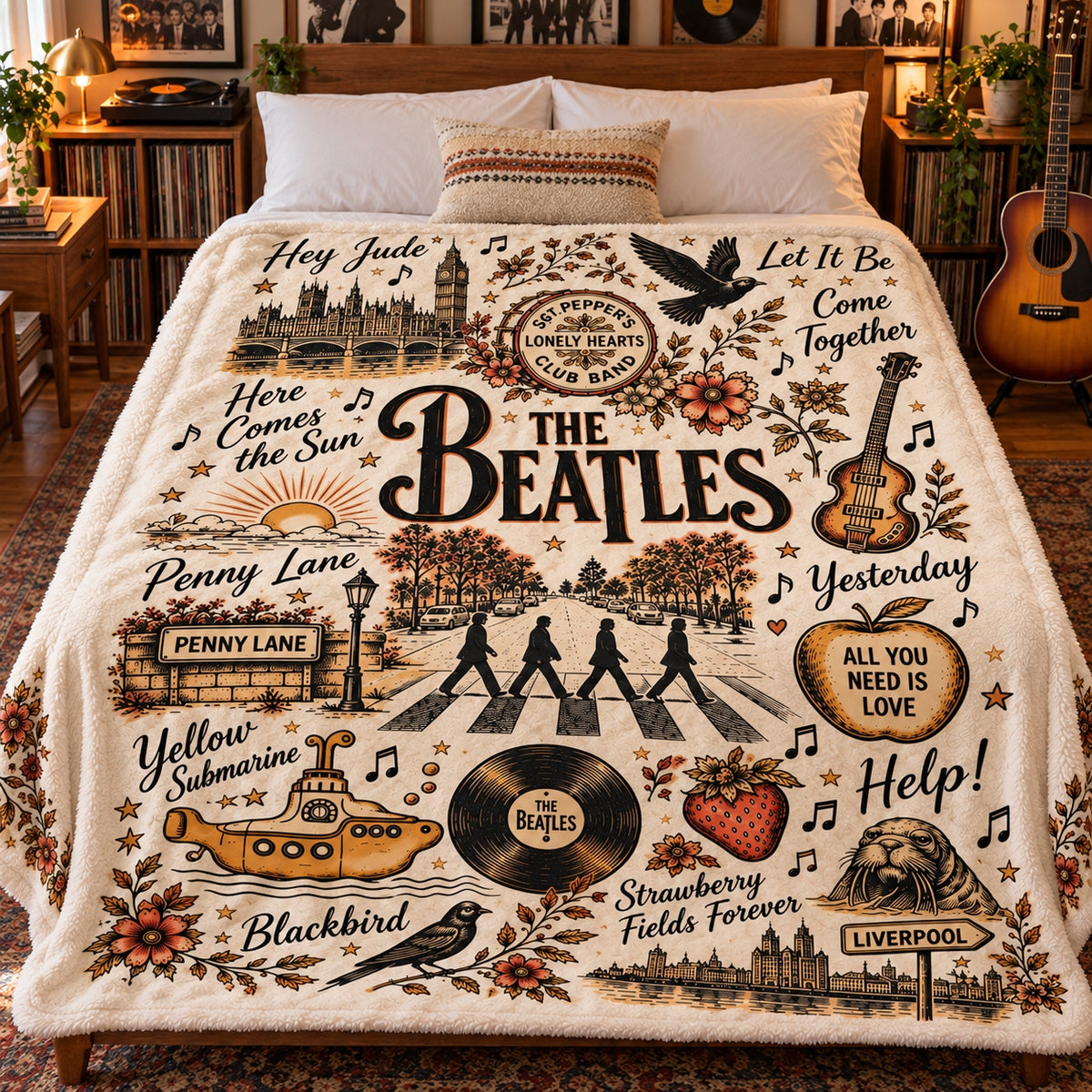 The Beatles Abbey Road Vintage Sherpa Blanket - Classic Rock Songs Throw Blanket