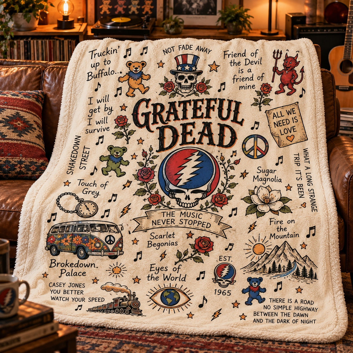 Grateful Dead Steal Your Face Sherpa Blanket, Dancing Bears Classic Rock Throw