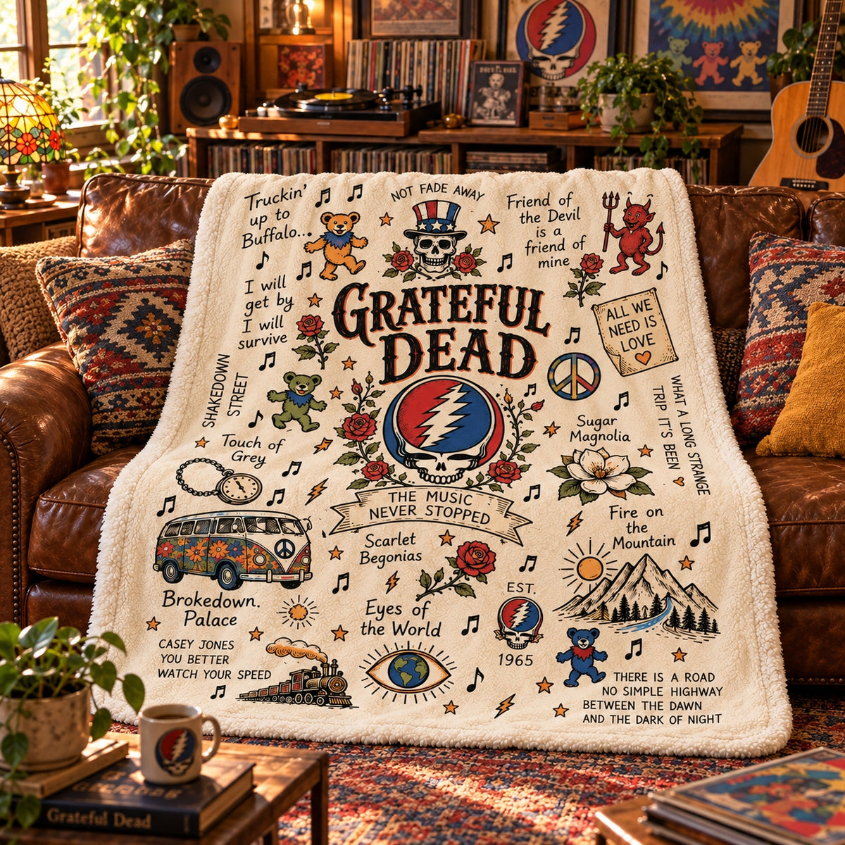 Grateful Dead Steal Your Face Sherpa Blanket, Dancing Bears Classic Rock Throw