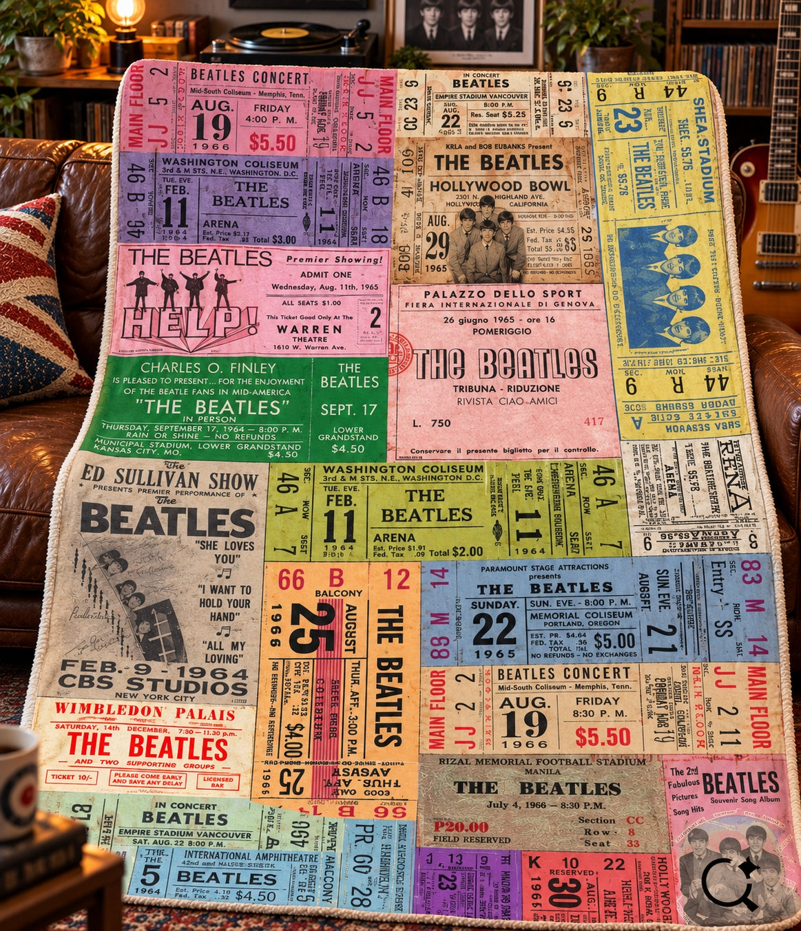 The Beatles Vintage Concert Ticket Stub Sherpa Blanket - 1960s Memorabilia Collage Throw