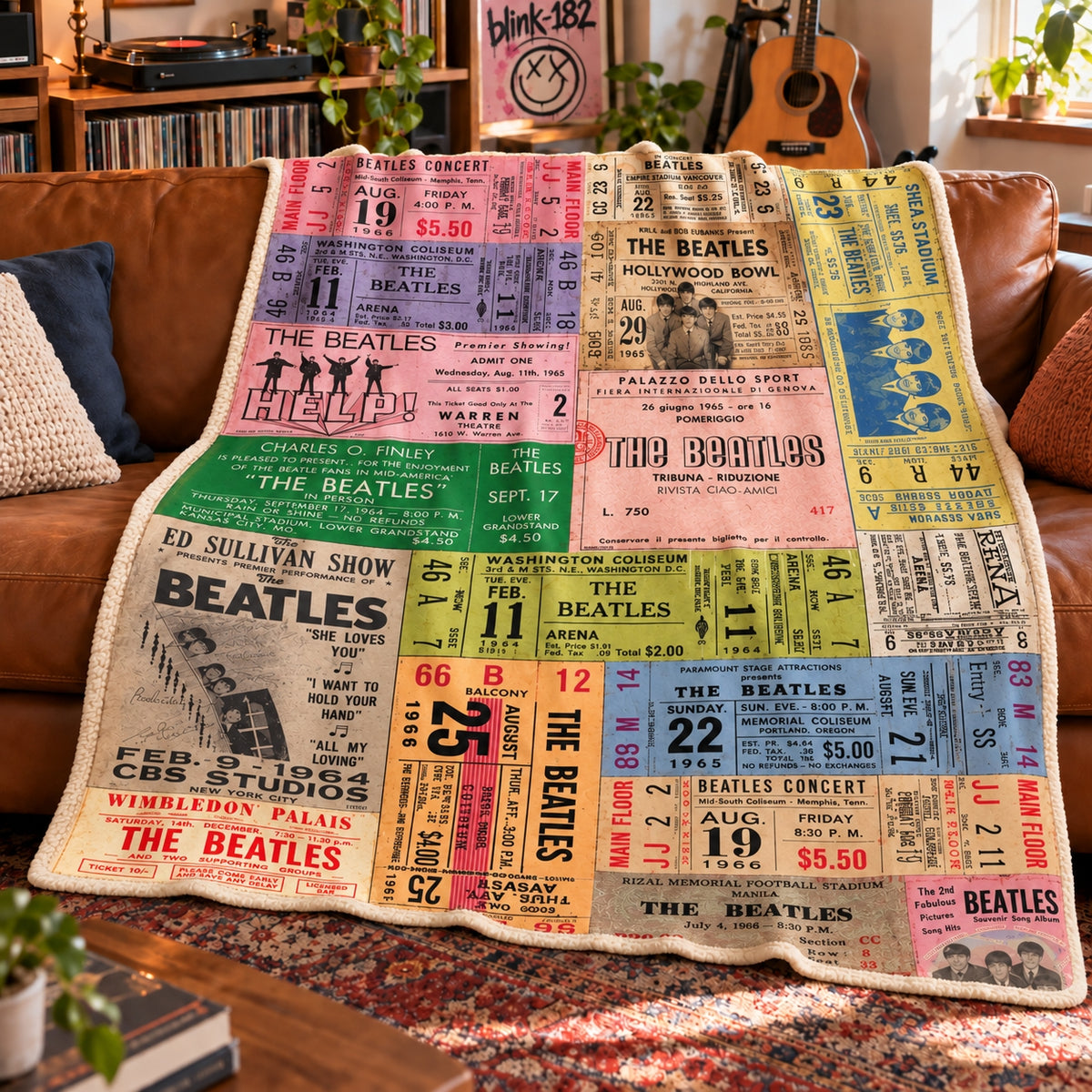 The Beatles Vintage Concert Ticket Stub Sherpa Blanket - 1960s Memorabilia Collage Throw