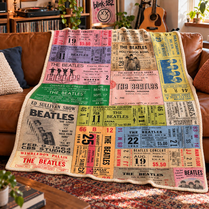 The Beatles Vintage Concert Ticket Stub Sherpa Blanket - 1960s Memorabilia Collage Throw