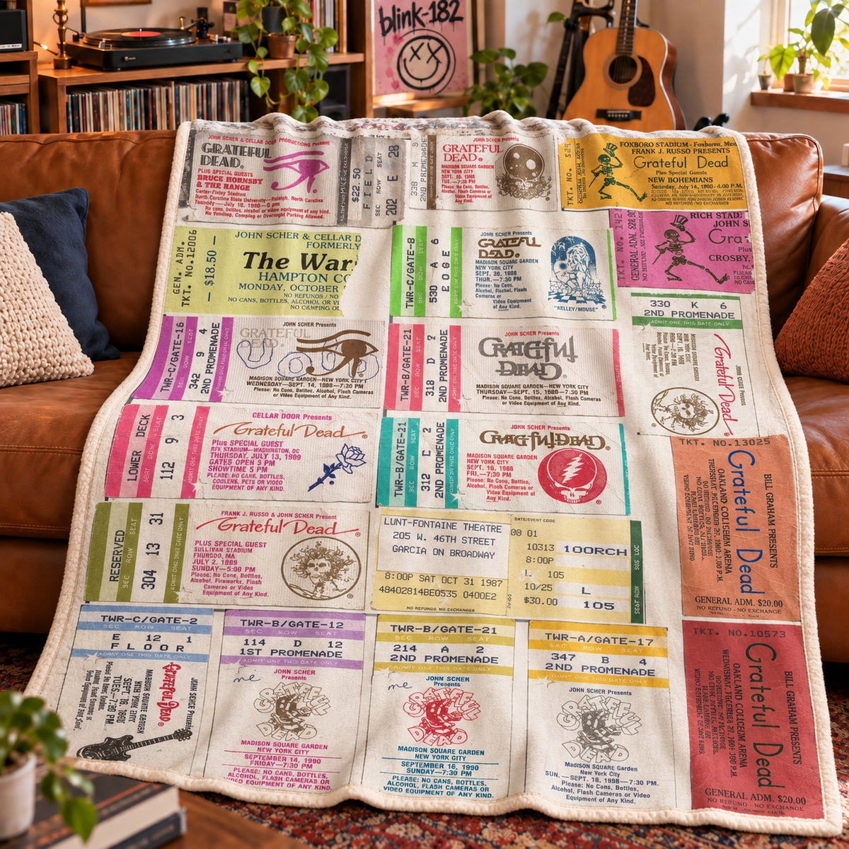 Grateful Dead Vintage Concert Ticket Stub Sherpa Blanket, MSG & Tour Memorabilia Throw