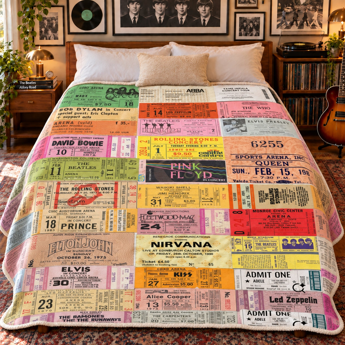 Vintage Classic Rock Concert Ticket Stubs Sherpa Blanket, Retro Rock Legends Tour Throw