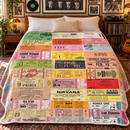 Vintage Classic Rock Concert Ticket Stubs Sherpa Blanket, Retro Rock Legends Tour Throw