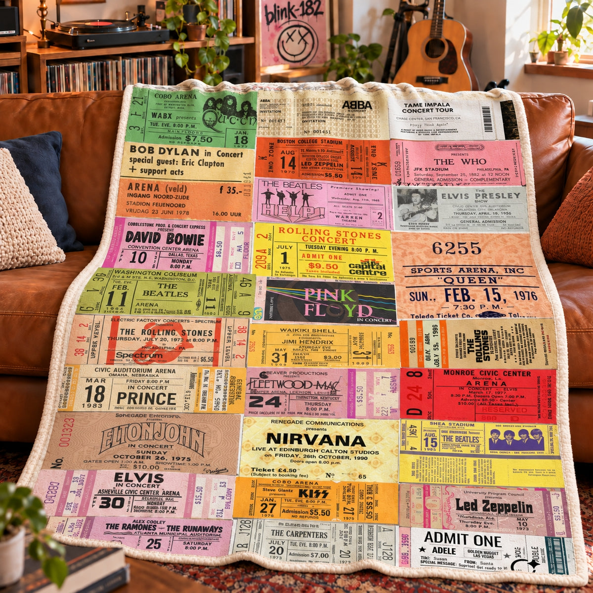 Vintage Classic Rock Concert Ticket Stubs Sherpa Blanket, Retro Rock Legends Tour Throw
