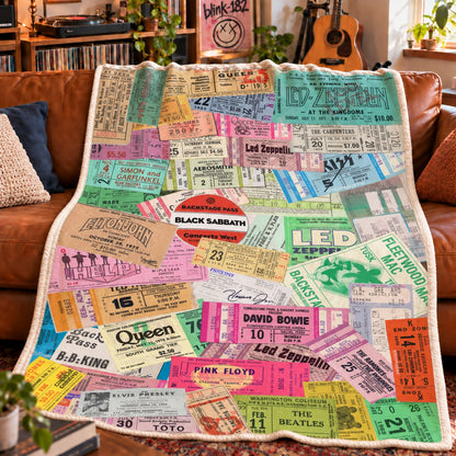 Vintage Rock Concert Ticket Stub & Backstage Pass Sherpa Blanket - Classic Rock Passes Collage