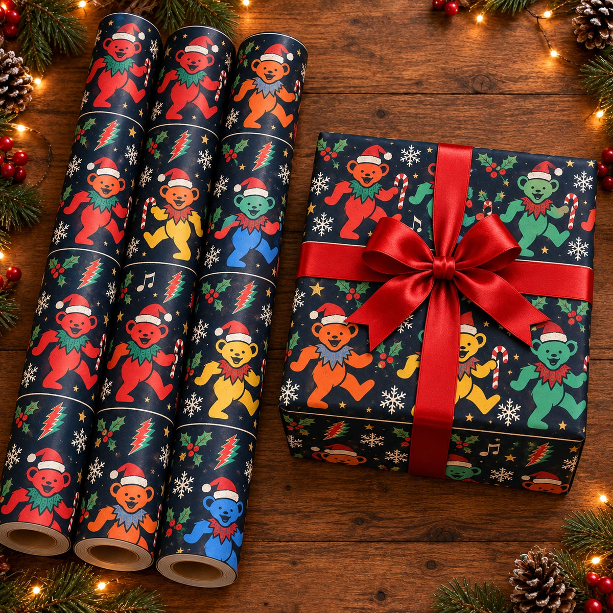 Grateful Dead Christmas Wrapping Paper, Dancing Santa Bears Holiday Gift Wrap