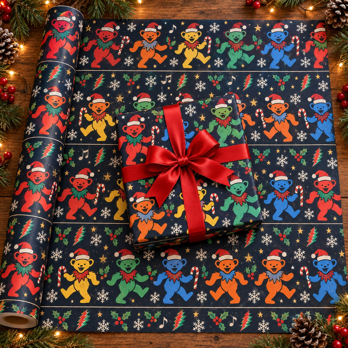 Grateful Dead Christmas Wrapping Paper, Dancing Santa Bears Holiday Gift Wrap