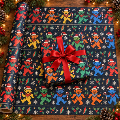 Grateful Dead Christmas Wrapping Paper, Dancing Santa Bears Holiday Gift Wrap