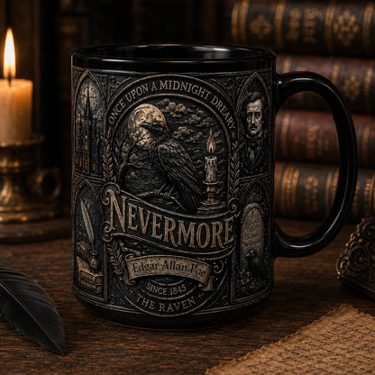 Edgar Allan Poe Ceramic Mug – Dark Gothic Relief The Raven Once Upon A Midnight Dreary Gift