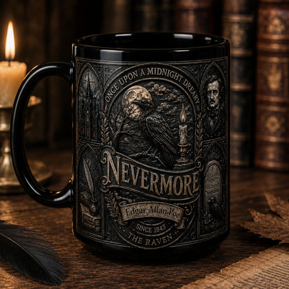 Edgar Allan Poe Ceramic Mug – Dark Gothic Relief The Raven Once Upon A Midnight Dreary Gift