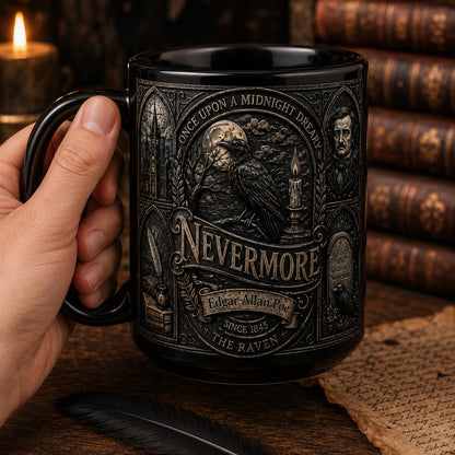 Edgar Allan Poe Ceramic Mug – Dark Gothic Relief The Raven Once Upon A Midnight Dreary Gift
