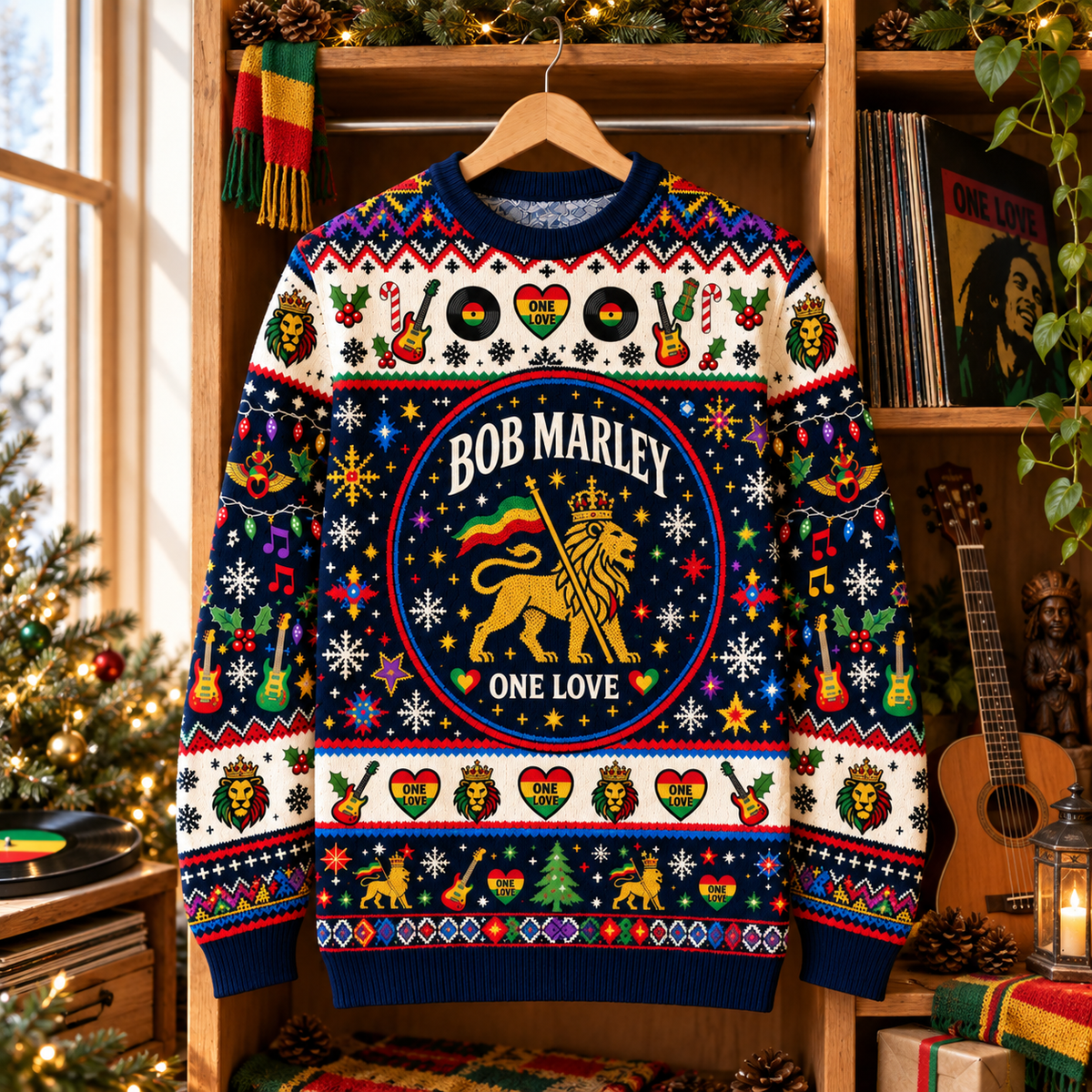 Bob Marley One Love Christmas Wool Sweater, Reggae Lion Holiday Knit Pullover, Rasta Music Ugly Christmas Crewneck