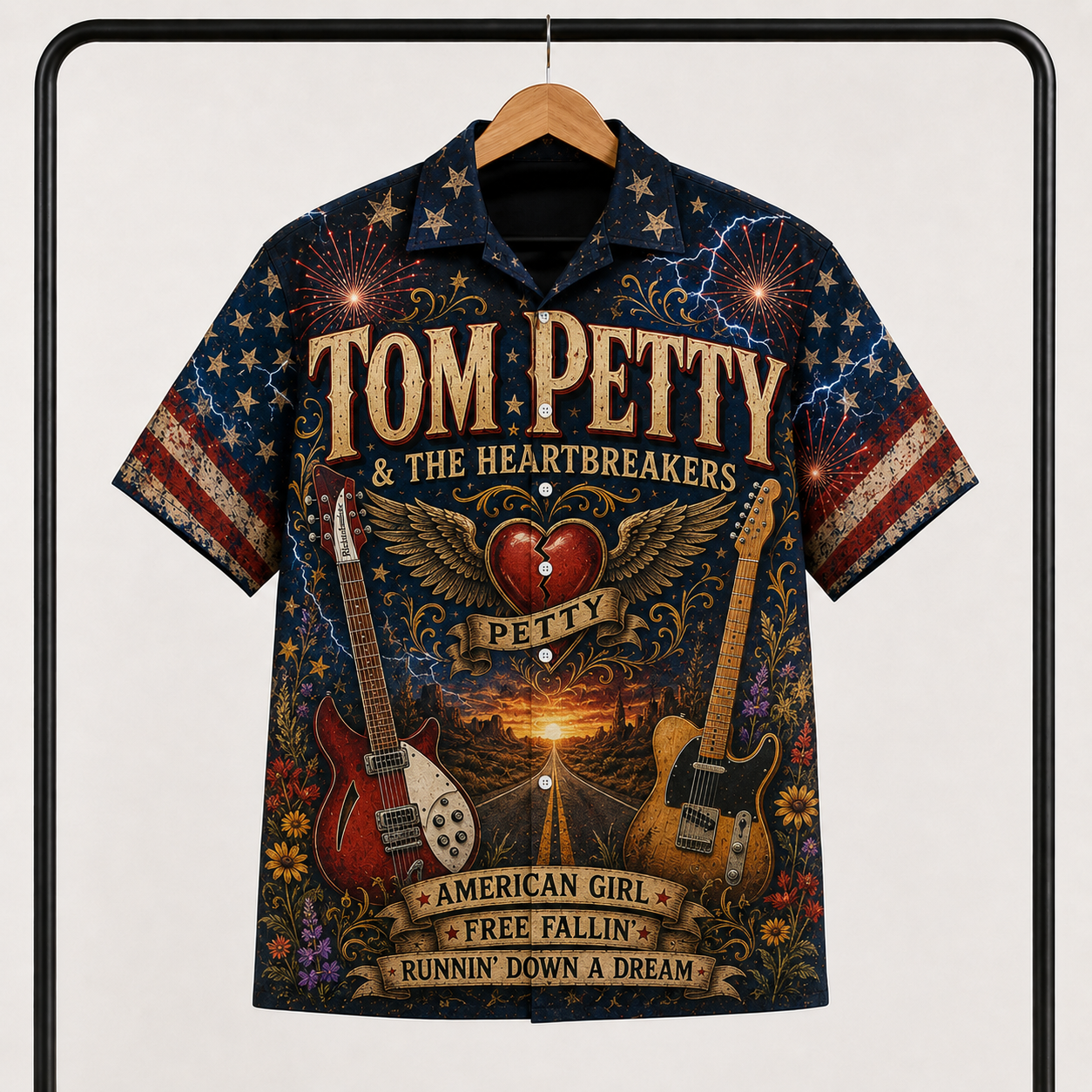 Tom Petty Hawaiian Shirt - Unisex Winged Heart Rickenbacker Guitar Button Up