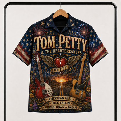 Tom Petty Hawaiian Shirt - Unisex Winged Heart Rickenbacker Guitar Button Up