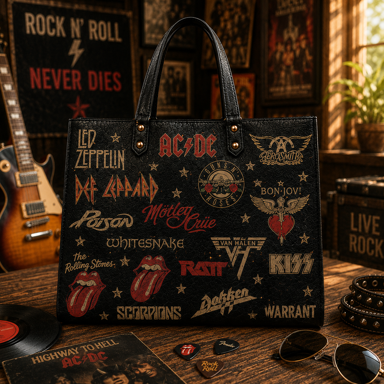 Classic Rock Legends Faux Leather Handbag – Vintage Rock Band Shoulder Tote Bag for Music Lovers