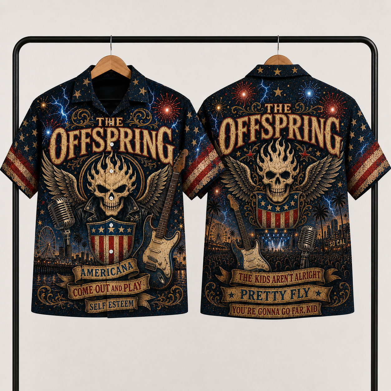 The Offspring Hawaiian Shirt - Unisex Vintage Fiery Winged Skull Americana Button Up