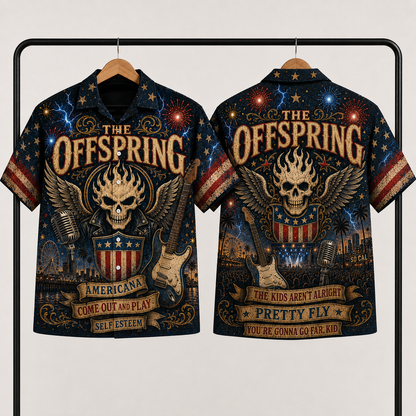 The Offspring Hawaiian Shirt - Unisex Vintage Fiery Winged Skull Americana Button Up