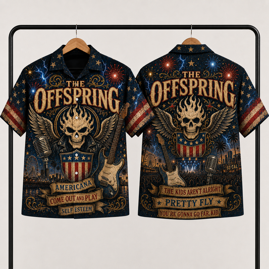 The Offspring Hawaiian Shirt - Unisex Vintage Fiery Winged Skull Americana Button Up