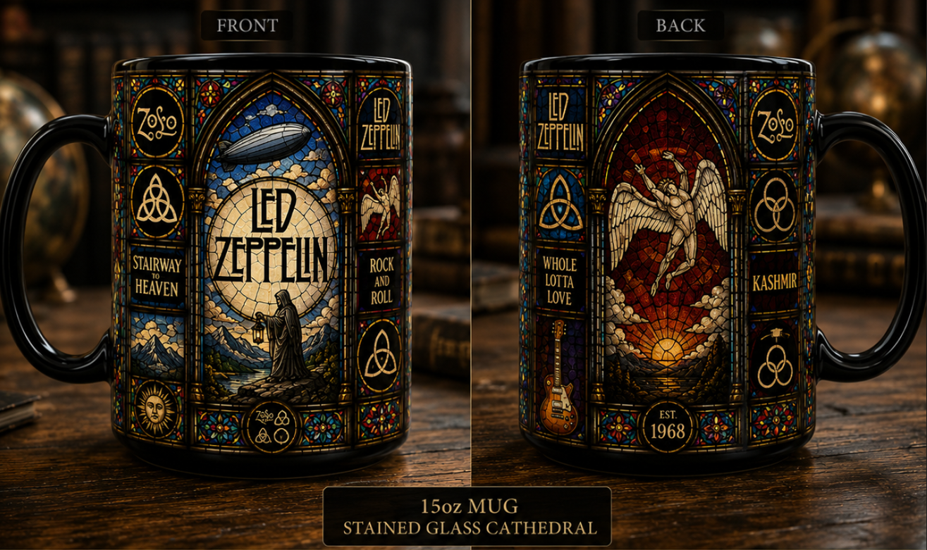 Led Zeppelin Stained Glass Black Coffee Mug – 15oz Ceramic Mug for Classic Rock Fans
