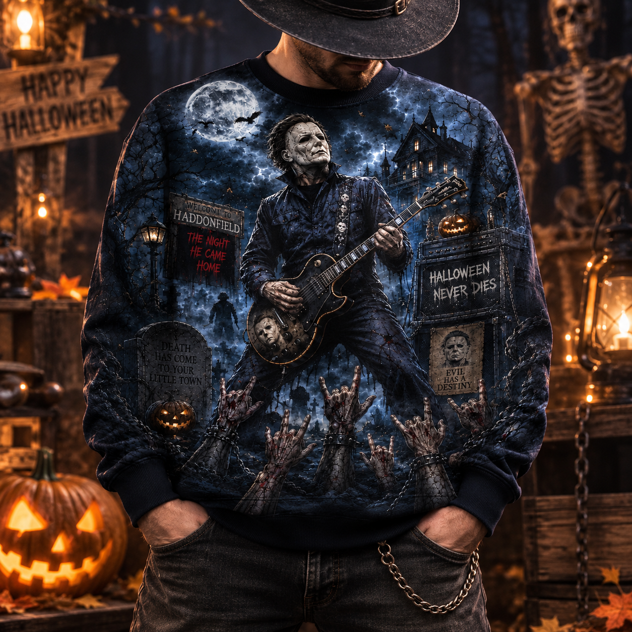 Michael Myers Halloween Guitar Sweatshirt – Horror Rock All Over Print Crewneck For Slasher Movie Fans