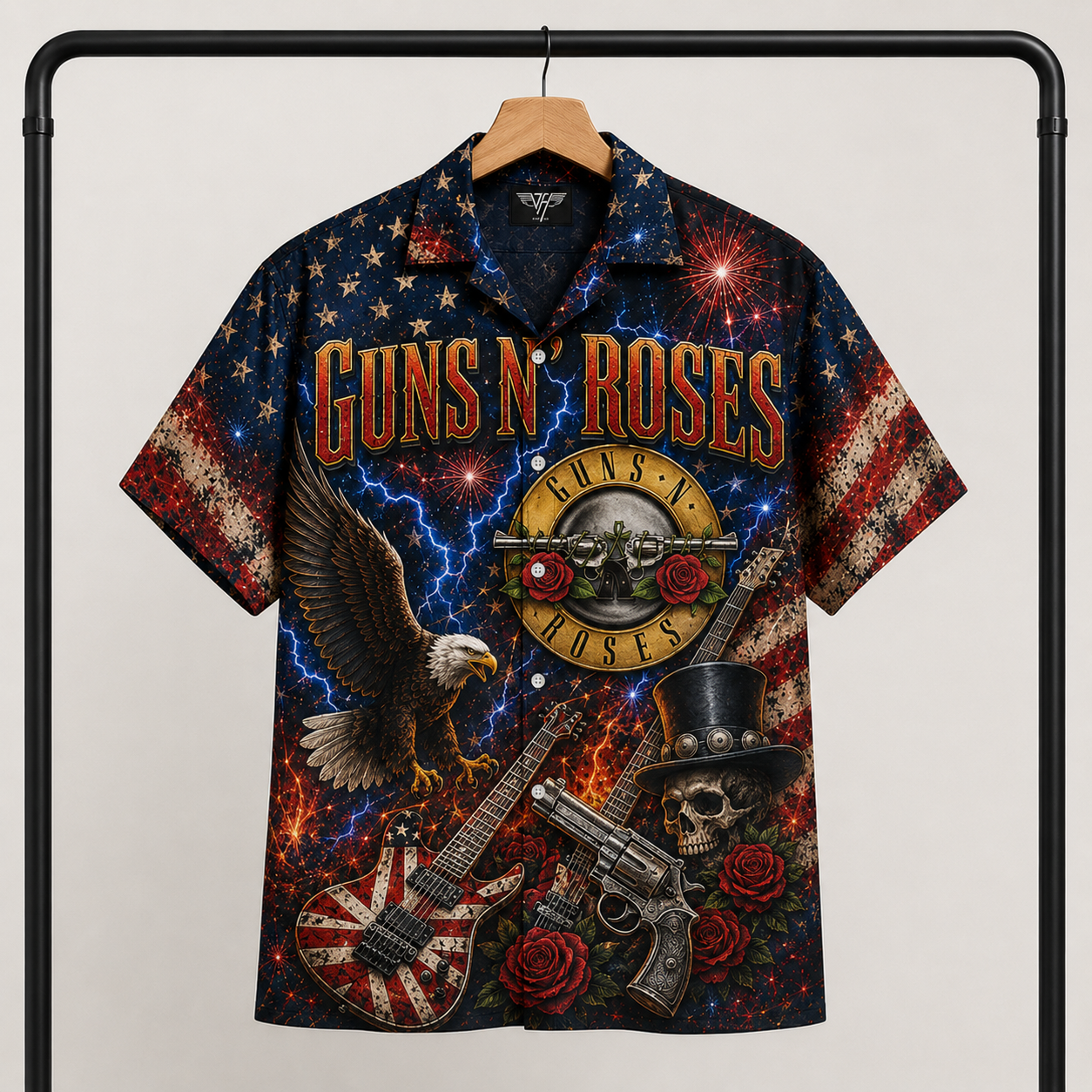 Guns N' Roses Hawaiian Shirt - Patriotic Eagle Skull Guitar Artwork - Classic Hard Rock Band Aloha Shirt