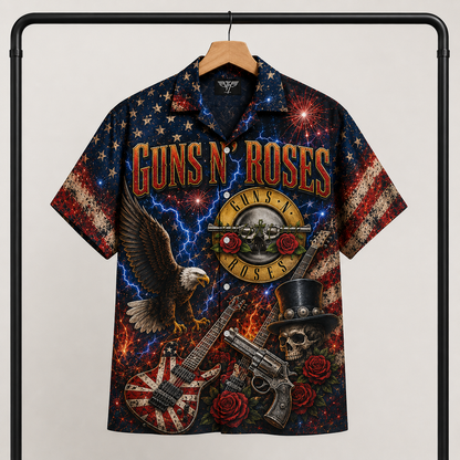 Guns N' Roses Hawaiian Shirt - Patriotic Eagle Skull Guitar Artwork - Classic Hard Rock Band Aloha Shirt