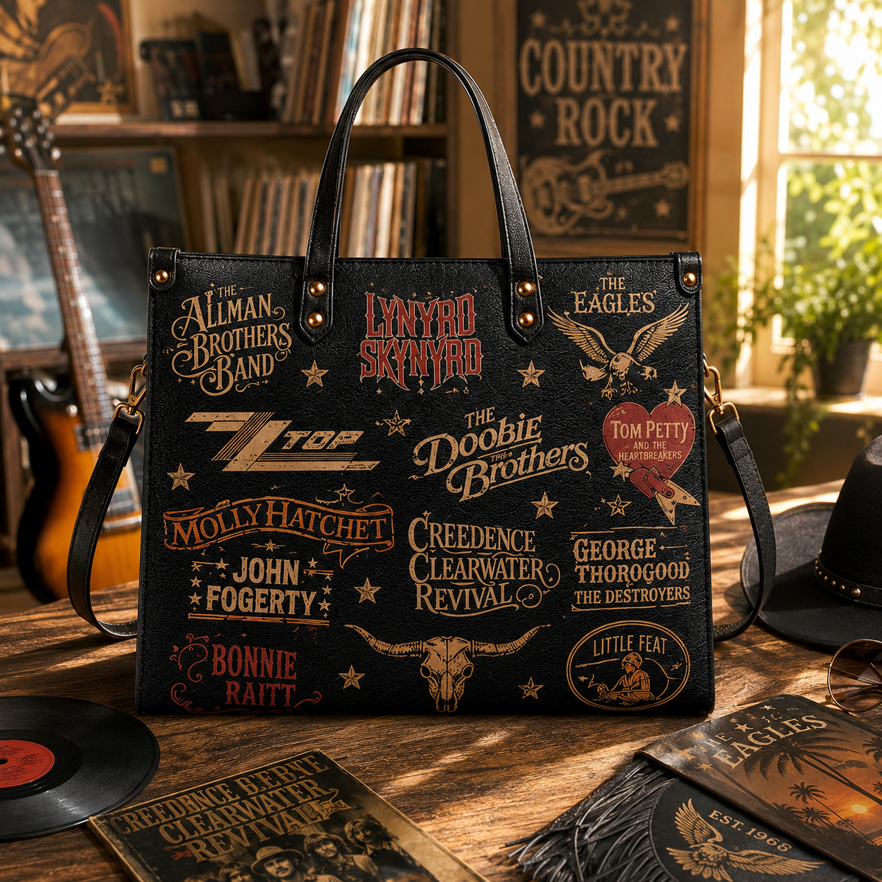 Southern Rock Legends Faux Leather Handbag – Vintage Classic Rock Shoulder Tote Bag for Music Fans