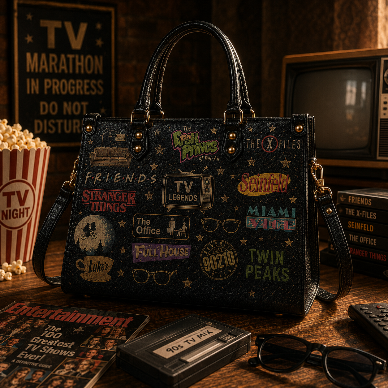 TV Series Faux Leather Handbag – Vintage TV Show Lover Shoulder Tote Bag for Binge Watch Fans