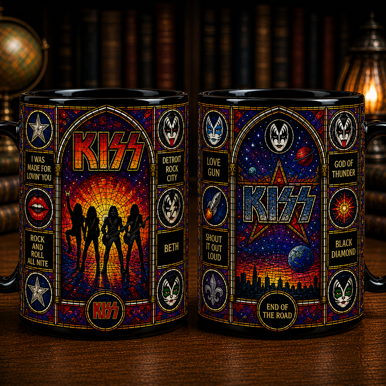 KISS Stained Glass Black Mug – Rock Band Coffee Mug, Vintage Hard Rock Ceramic Mug, Music Lover Gift
