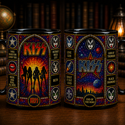 KISS Stained Glass Black Mug – Rock Band Coffee Mug, Vintage Hard Rock Ceramic Mug, Music Lover Gift
