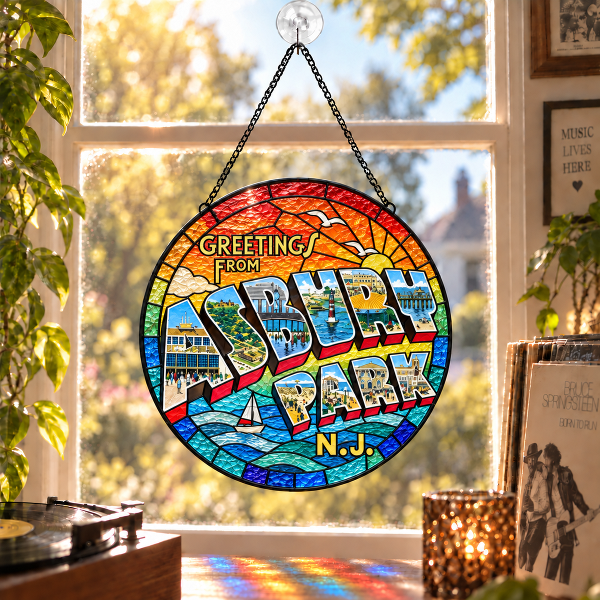 Bruce Springsteen Iconic Album Cover Stained Glass Sun Catcher – The Boss Rock Music Window Hanging Gift