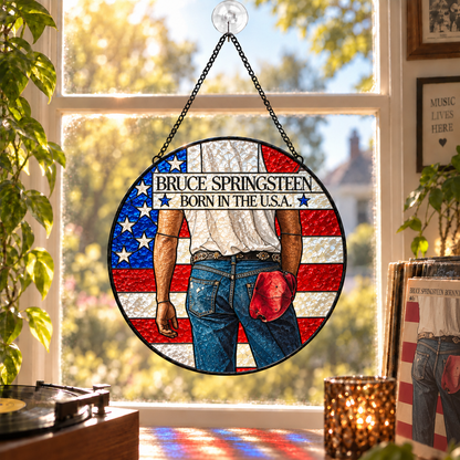 Bruce Springsteen Iconic Album Cover Stained Glass Sun Catcher – The Boss Rock Music Window Hanging Gift
