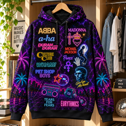 80s & 90s Pop Music Neon Hoodie – Retro Pop Legends 3D Printed Hoodie, ABBA, Madonna, Prince & Michael Jackson Fan Gift