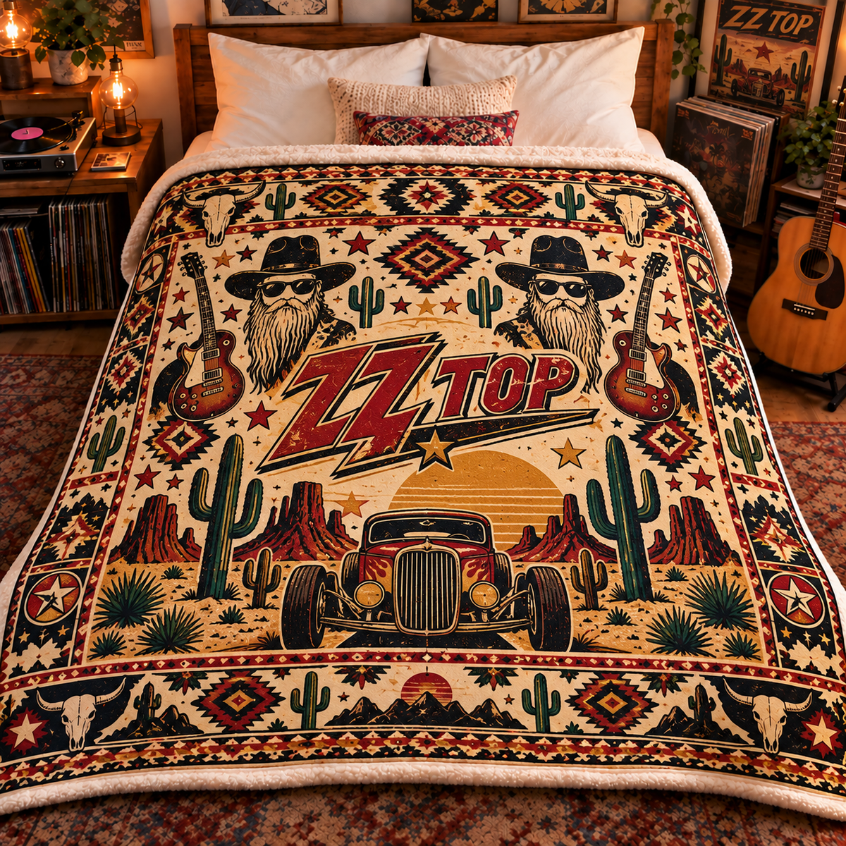 ZZ Top Sherpa Blanket – Texas Blues Rock Fleece Throw, Hot Rod & Desert Music Decor, Unique Gift for ZZ Top Fans