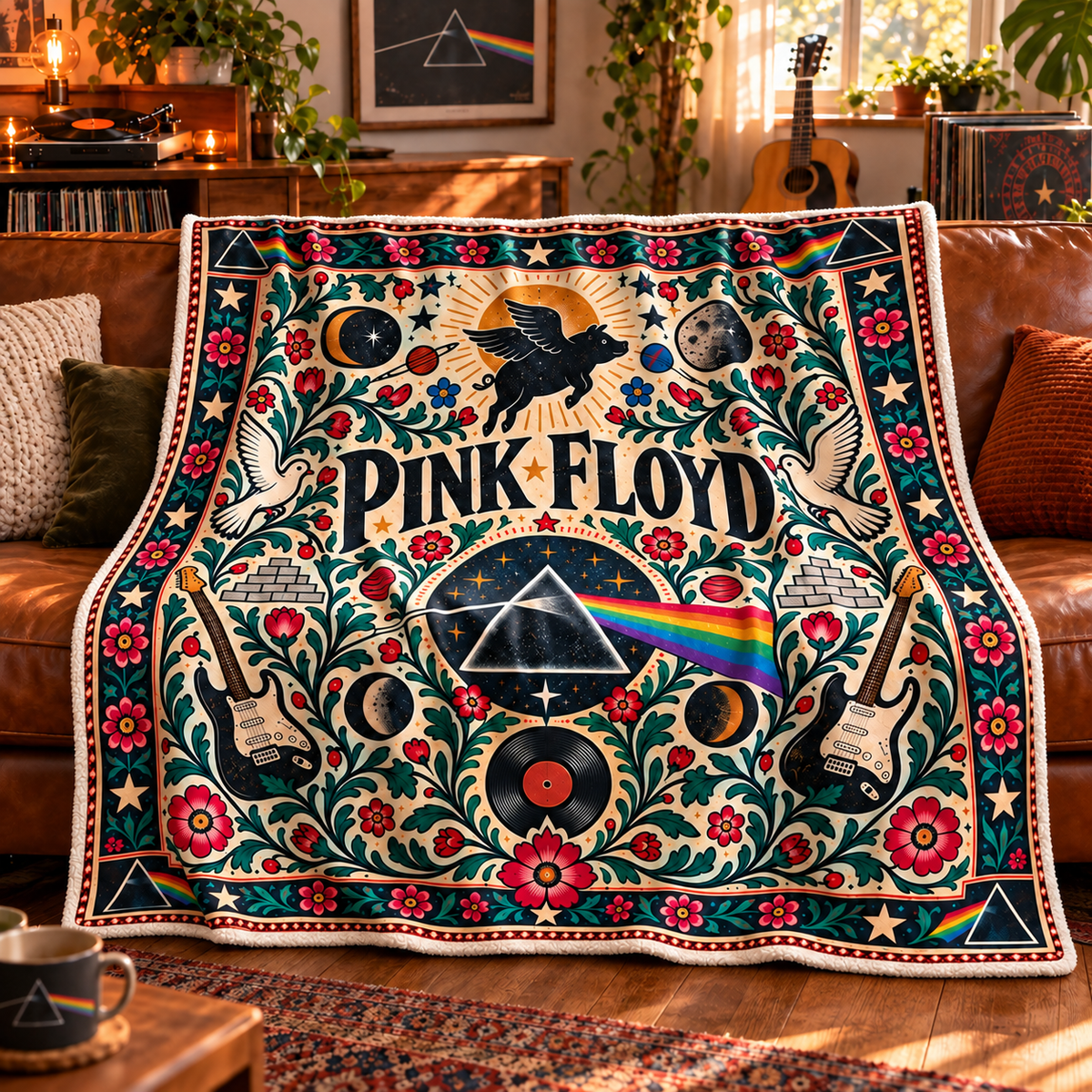 Pink Floyd Sherpa Blanket – Dark Side of the Moon & Flying Pig Art Decor, Ultimate Prog Rock Band Fan Gift