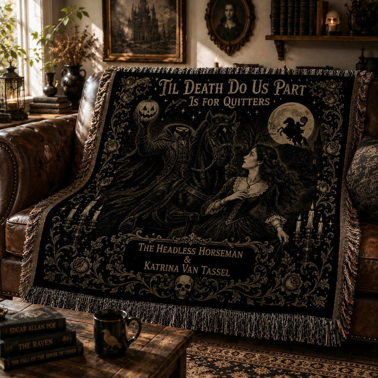 Headless Horseman & Katrina Van Tassel Woven Blanket, Sleepy Hollow Gothic Throw Blanket, Halloween Wall Tapestry, Horror Home Decor Gift