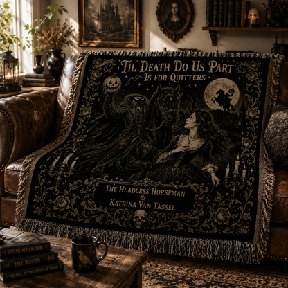 Headless Horseman & Katrina Van Tassel Woven Blanket, Sleepy Hollow Gothic Throw Blanket, Halloween Wall Tapestry, Horror Home Decor Gift